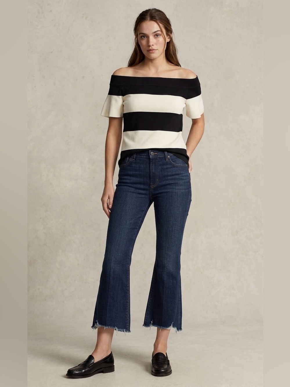 Off-Shoulder Black and White Short Sleeve Top by LOFT (Size Small)